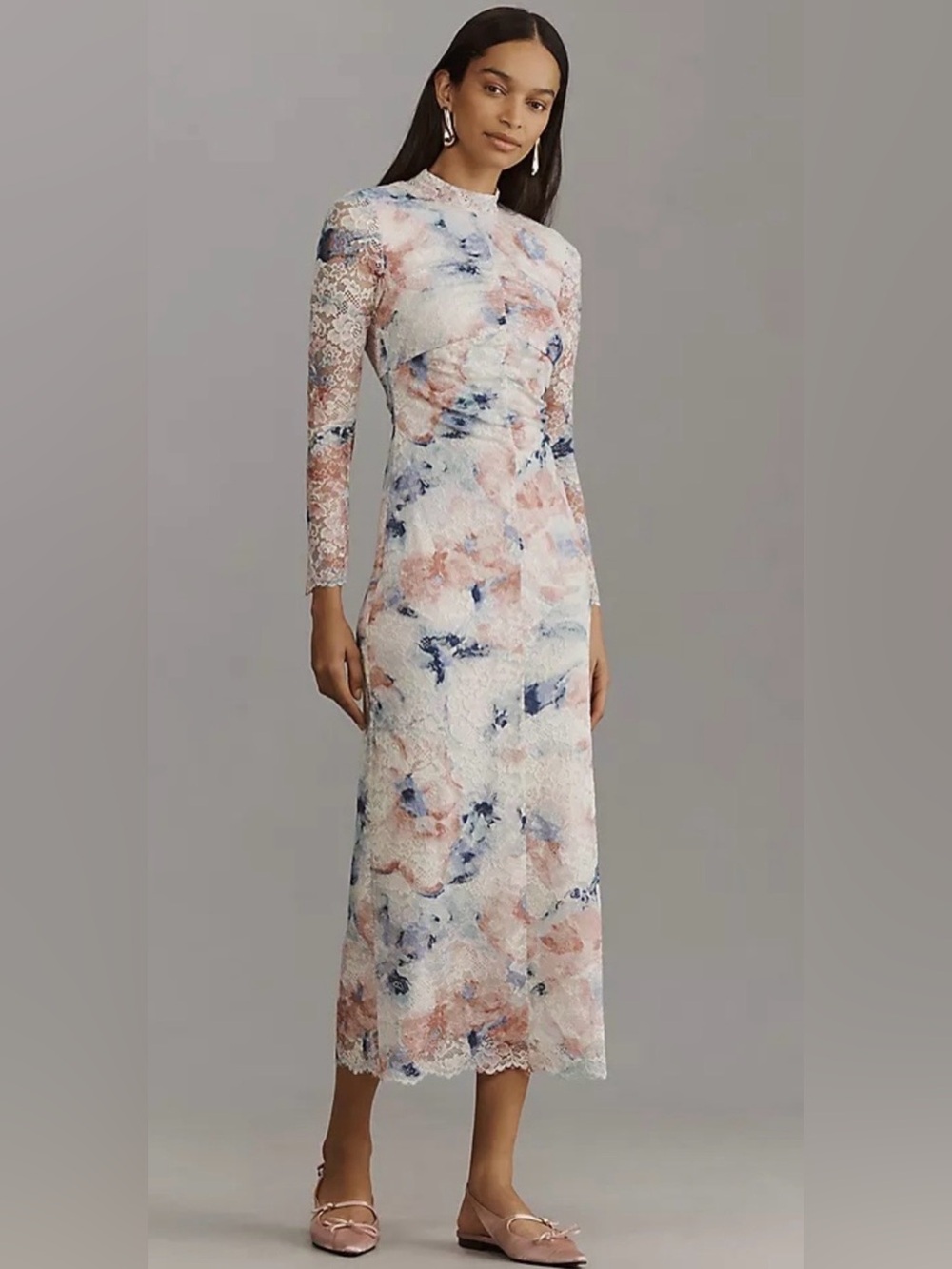 Anthropologie Mock Neck Fitted Ruched Lace Multi Color Floral Midi Dress size L